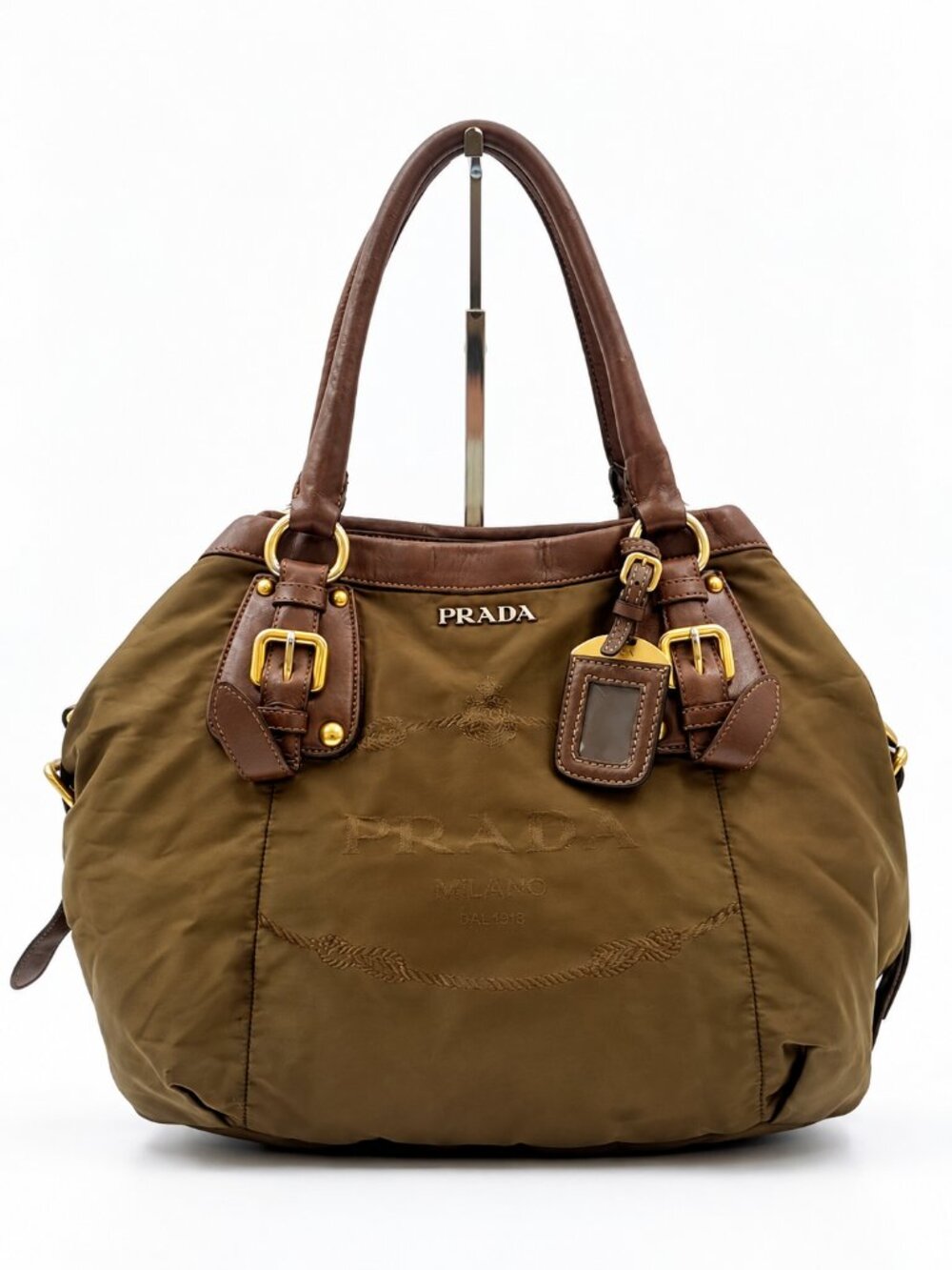 Prada Olive Tessuto Nylon Leather Shoulder Tote Bag 2 Way Gold Hardware